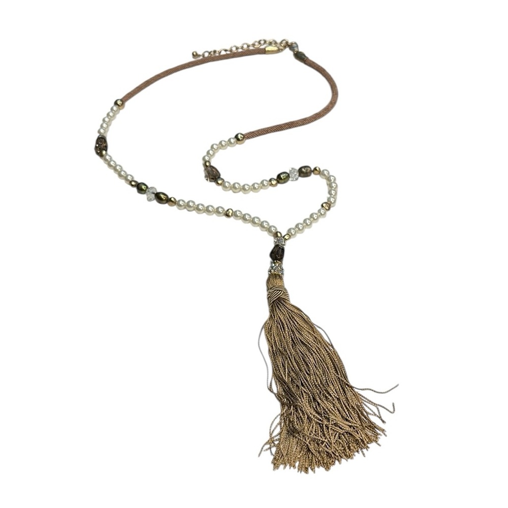 Chico's Geneva Tassel Gold Pearl Rhinestone Beaded Long Necklace